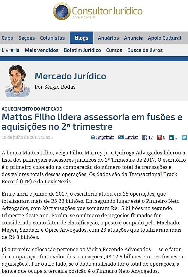 Mattos Filho lidera assessoria em fuses e aquisies no 2 trimestre